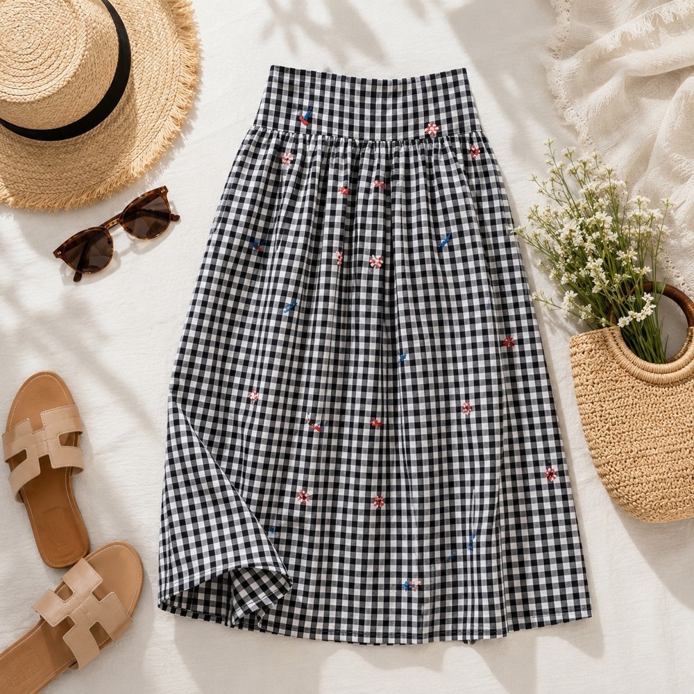 Free Assembly Womens Gingham Nautical Embroidered Midi Skirt Navy White Size 10 - Picture 2 of 8